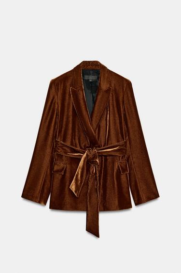 VELVET BLAZER WITH BELT - Light brown by Zara - Image 0