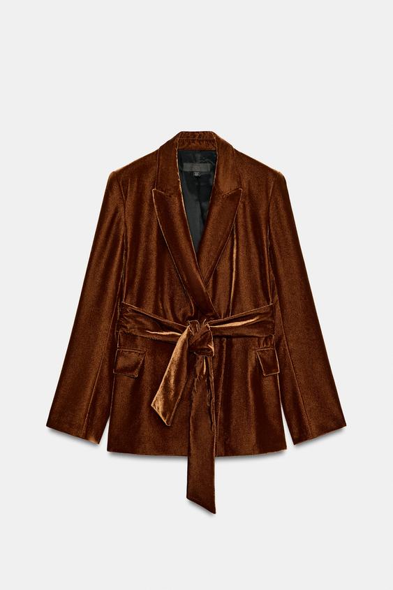 VELVET BLAZER WITH BELT - Light brown by Zara - Image 0