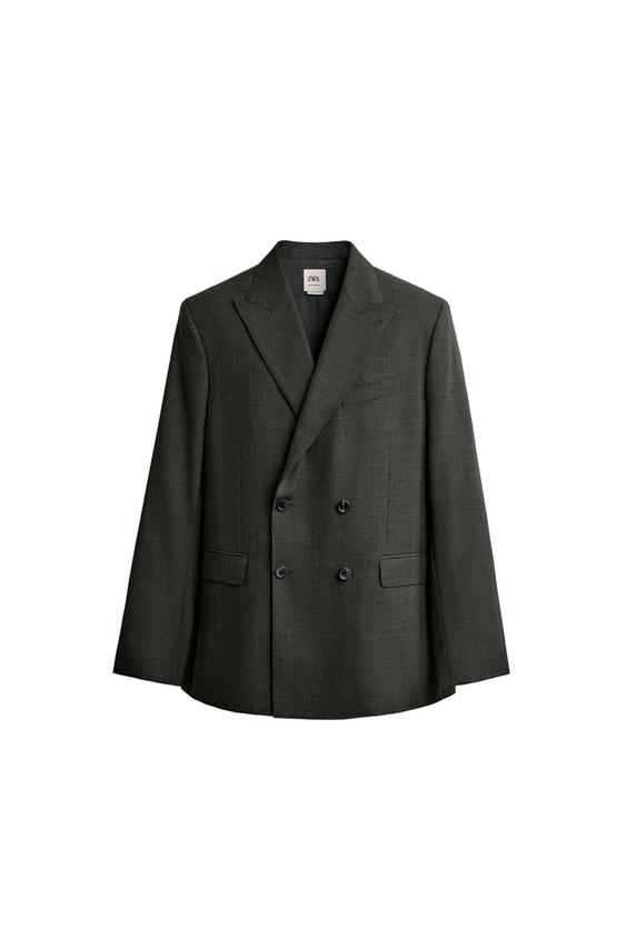 VESTE DE COSTUME CROISÉE PIED-DE-POULE 100 % LAINE - Vert foncé de Zara