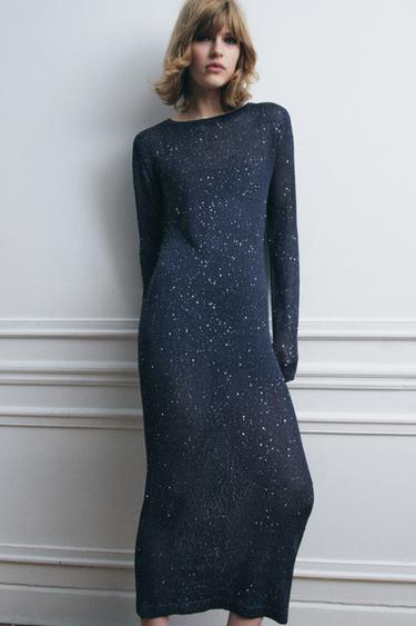 VESTIDO LARGO PUNTO LENTEJUELAS - Marino de Zara