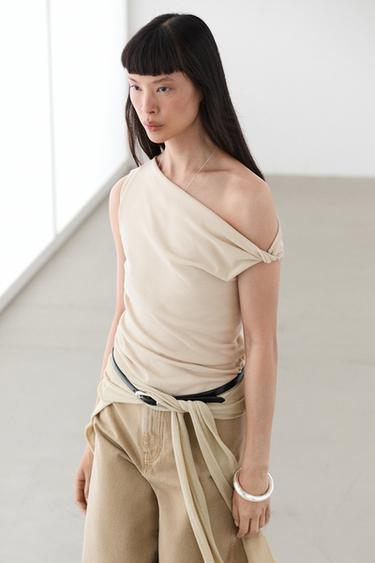 Zara Asymmetric drop sleeve top - Sand