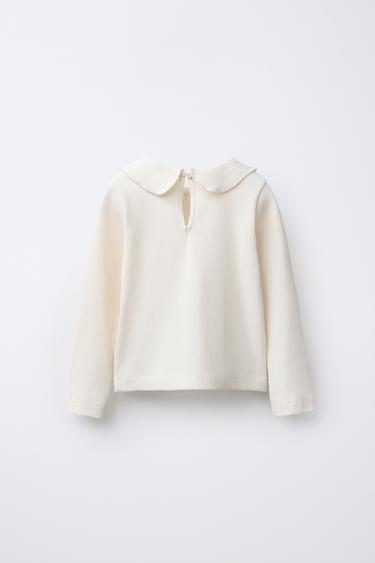 RIB T-SHIRT WITH PETER PAN COLLAR - Ecru by Zara - Image 1