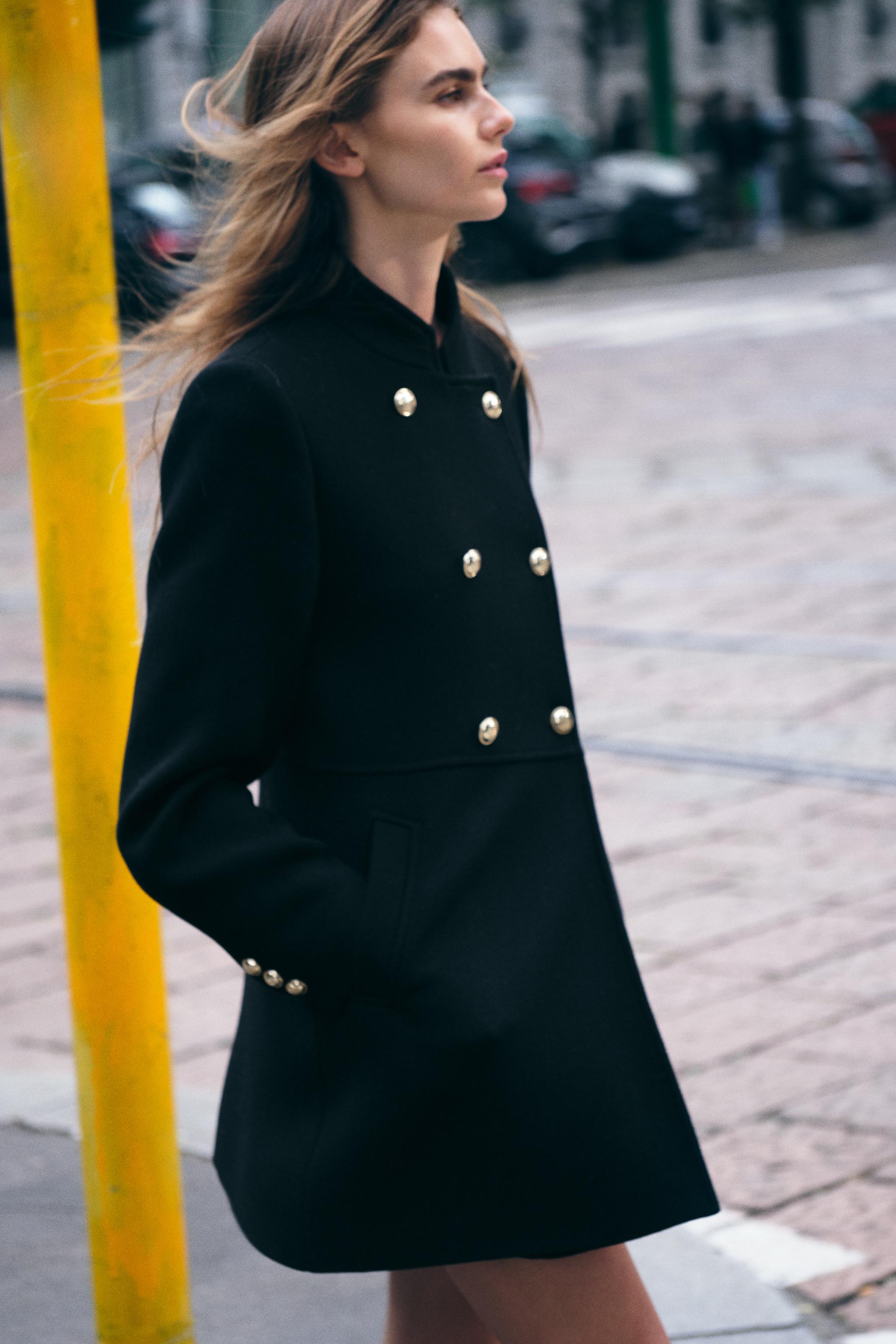 NEW on sale ZARA BLACK WOOL BLEND COAT WITH GOLDEN BUTTONS