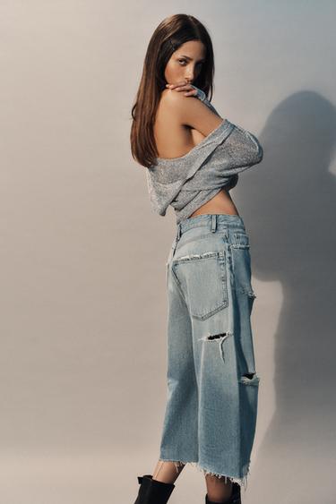 PANTALLONA JORTS DENIM TRF ME GRISJE SHTRAT I MESËM - E kaltër e hapur nga Zara