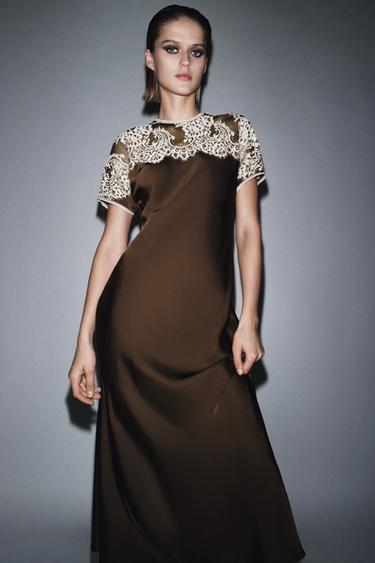 Zara SATIN LACE DRESS ZW COLLECTION LIMITED EDITION - Brown
