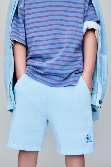 Zara EMBROIDERED GARMENT DYED PLUSH SHORTS - Light blue