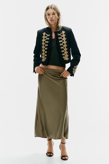 Zara SATIN MIDI SKIRT - Dark khaki