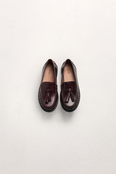 LEATHER TASSEL LOAFERS LIMITED EDITION - Burgundy Red by Zara