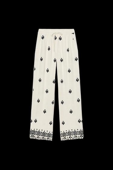 WIDE-LEG EMBROIDERED TROUSERS - Ecru / Black by Zara - Image 0