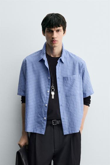 CAMISA CUADROS BOXY FIT - Azul de Zara