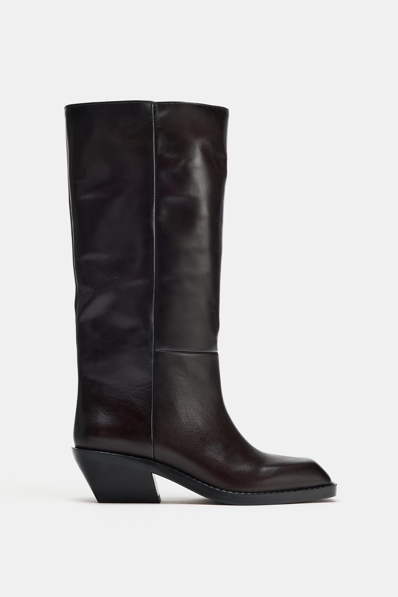 LEATHER SQUARE-TOE BOOTS — Brown
