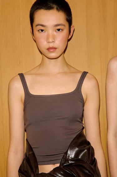 COTTON MODAL STRAPPY TOP - Brown / Taupe by Zara - Image 2