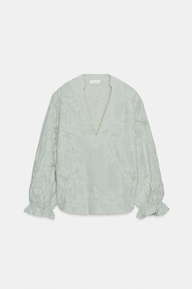 Zara EMBOSSED FLORAL BLOUSE - Green / Ecru