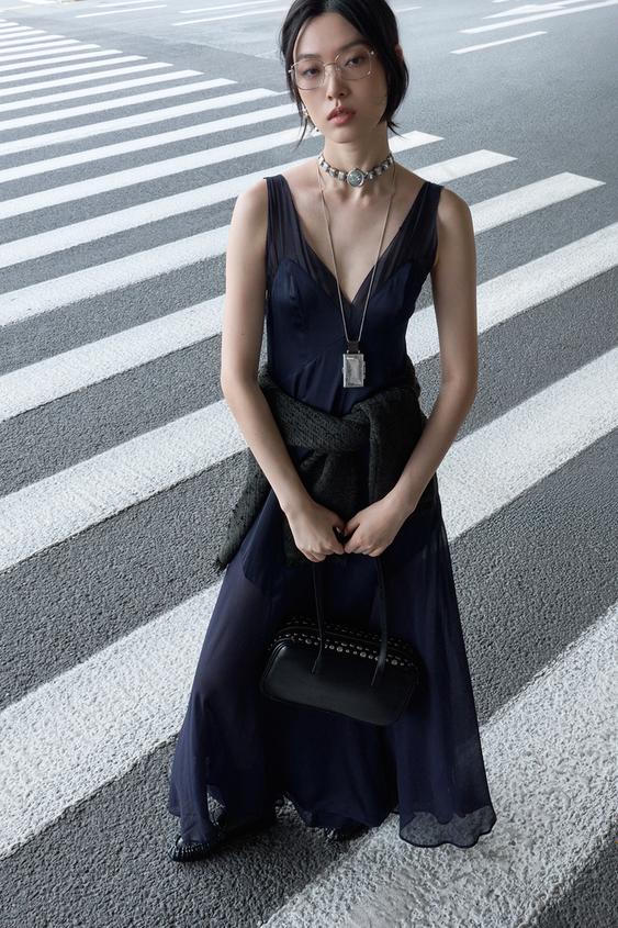Zara ZW COLLECTION 緞面長版洋裝 - 海藍色 - 圖片 0