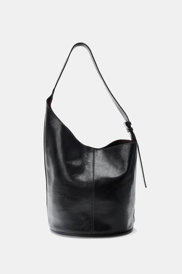 Zara ASYMMETRICAL LEATHER BUCKET BAG - Black