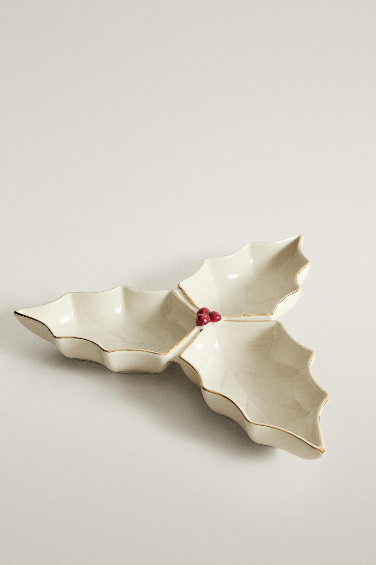 CHRISTMAS HOLLY STONEWARE TRIPLE BOWL — Cream