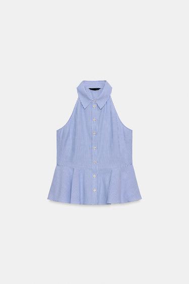 HALTERNECK STRIPED PEPLUM SHIRT - Ecru / Blue by Zara - Image 6