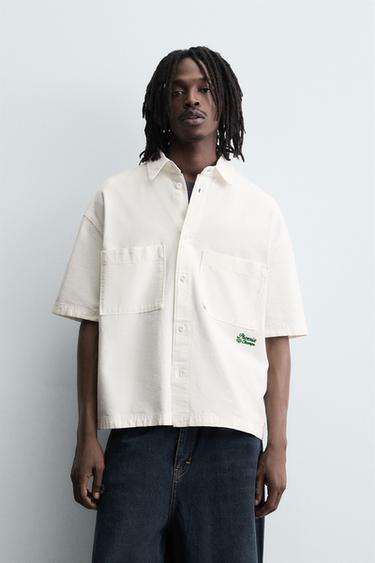 Zara CONTRAST EMBROIDERY SHIRT - Oyster-white
