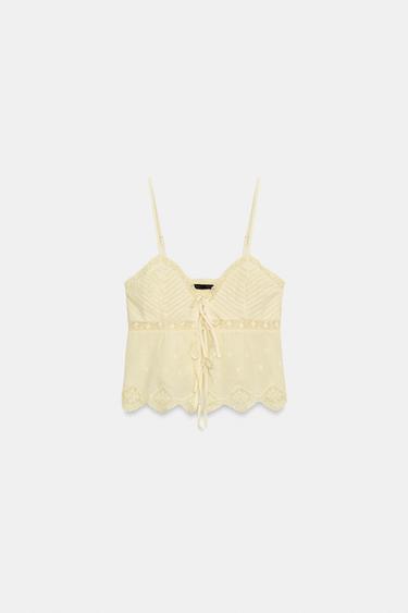 EMBROIDERED STRAPPY TOP WITH BOWS - Yellow by Zara - Image 1