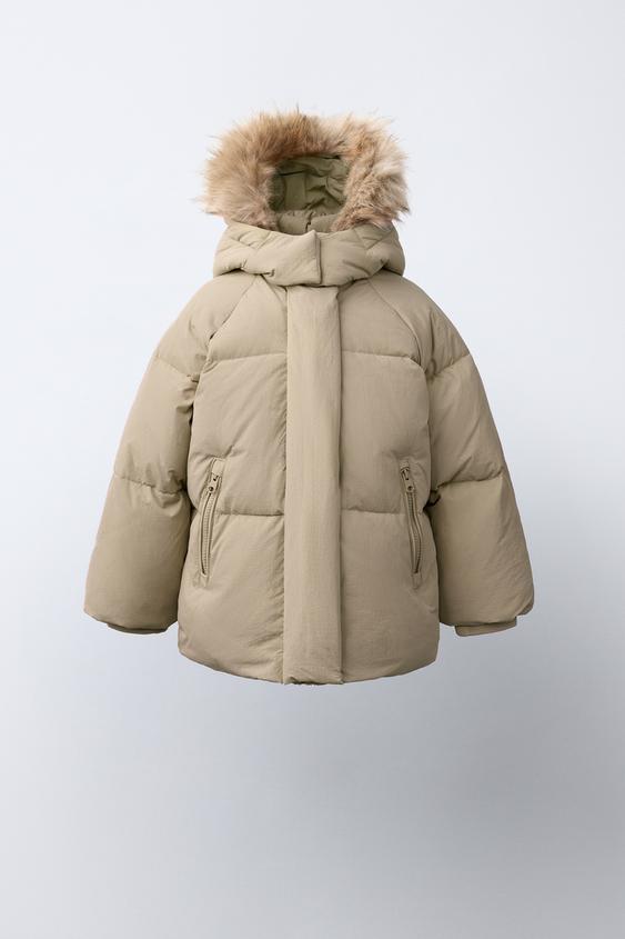 Zara WATER-REPELLENT 50/50 DOWN FEATHER PUFFER WITH DETACHABLE FAUX FUR HOODIE - Beige - Image 0