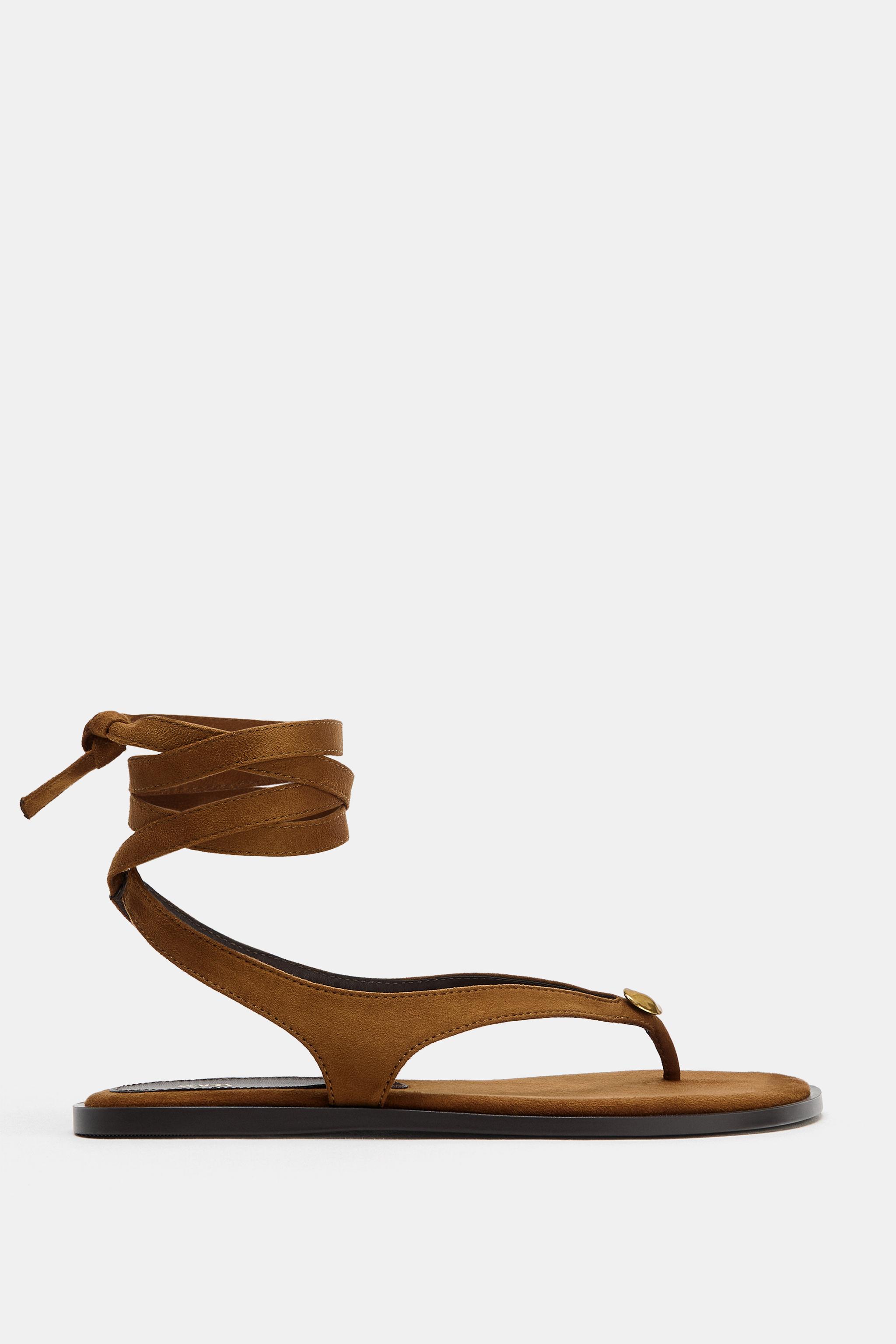 LACE-UP FLAT SANDALS — Leather