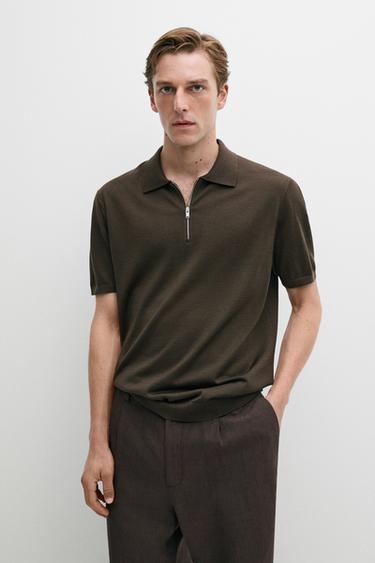 Zara Wool blend zip-detail polo shirt - Dark khaki