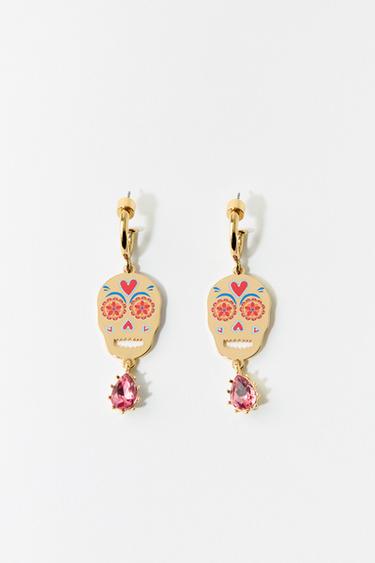 Zara ENAMELED SKULL JEWEL EARRINGS - Golden