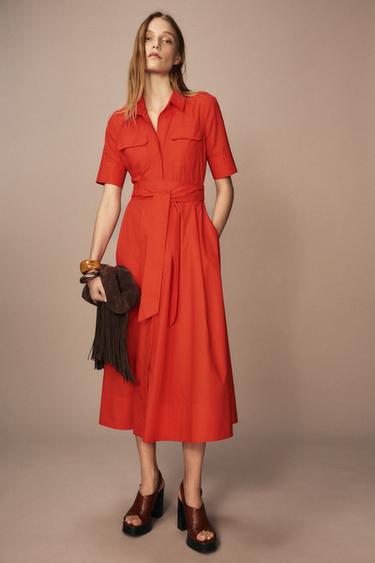Zara ZW COLLECTION POPLIN DRESS - Coral