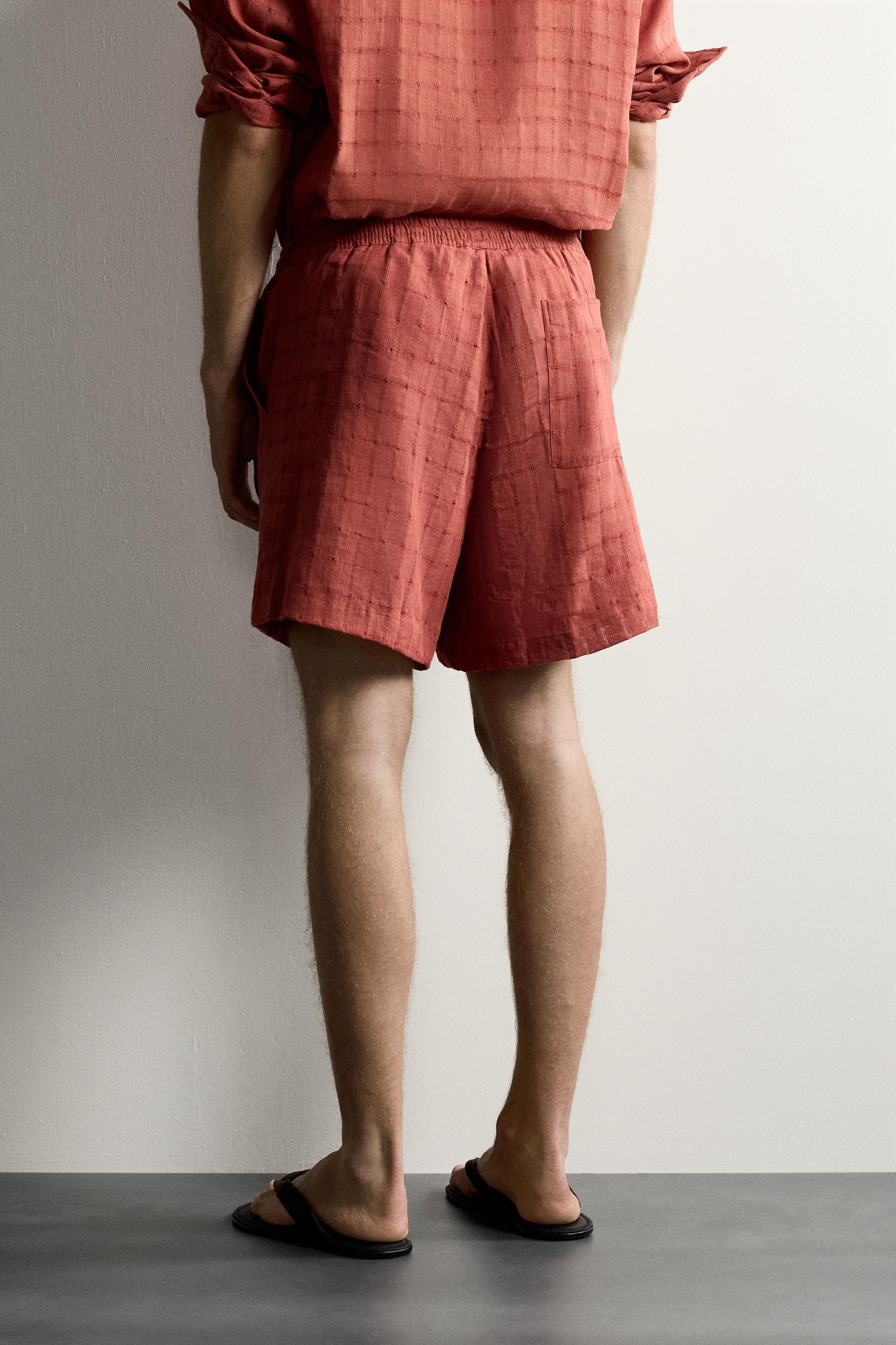 LINEN COTTON BLEND CHECKERED JACQUARD SHORTS