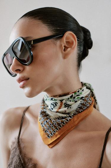 Zara 100% COTTON PRINTED SCARF - Ecru