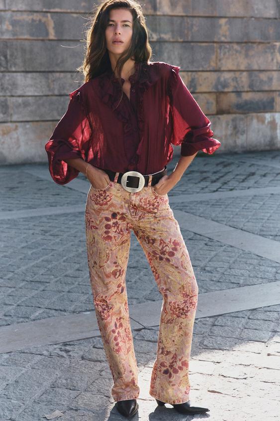Zara SEMI-SHEER RUFFLE BLOUSE - Burgundy - Image 0