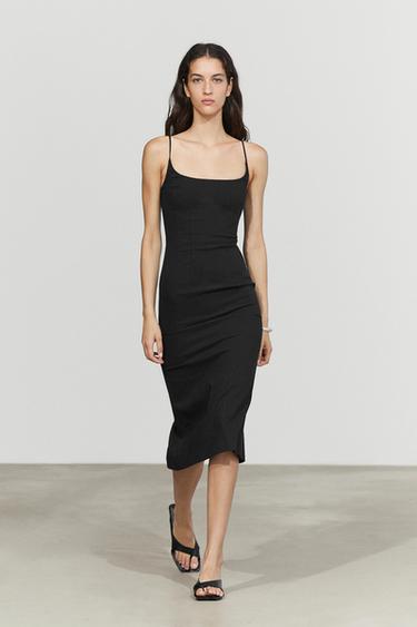 Robe midi à fines bretelles en lin - Noir de Zara