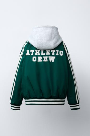 QUILTED VARSITY BOMBER JACKET WITH DETACHABLE HOOD - Green by Zara - Image 4