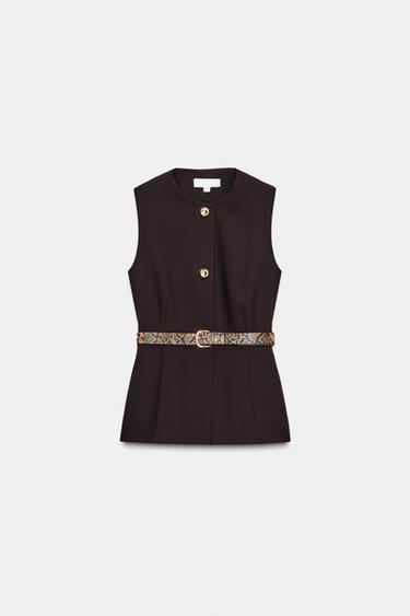 LONG WAISTCOAT WITH BELT - Brown by Zara