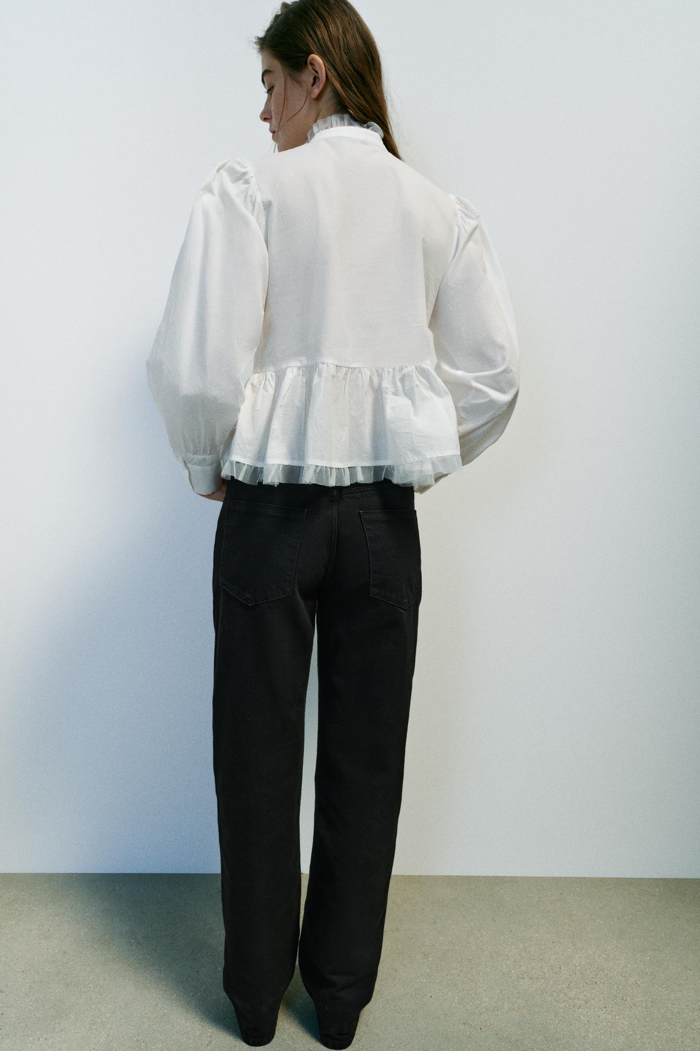 Женская блузка Zara Romantic Tulle Combined Blouse, цвет: Устричный белый — фото 5