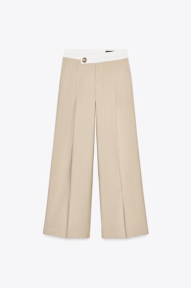 PANTALON LARGE TAILLE CONTRASTÉE - Sable / Chiné de Zara - Image 3