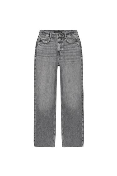 Front view of high-waisted grey jeans with a straight leg and five pockets. Front zip and button fastening.