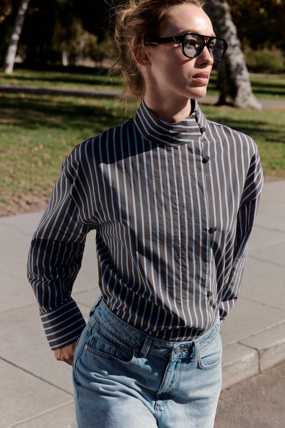 STRIPED SHIRT WITH STAND-UP COLLAR - Brown-Blue de Zara - Imagen 0