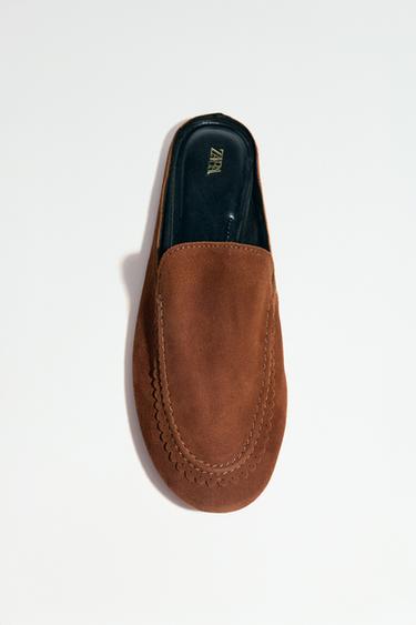 Zara SPLIT LEATHER SLINGBACK SLIPPERS - Brick