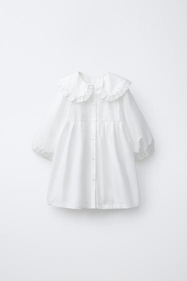 VESTIDO POPELÍN CUELLO BOBO BORDADO - Blanco de Zara
