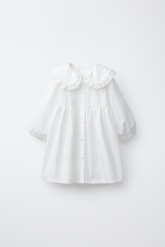 VESTIDO POPELÍN CUELLO BOBO BORDADO - Blanco de Zara - Imagen 0