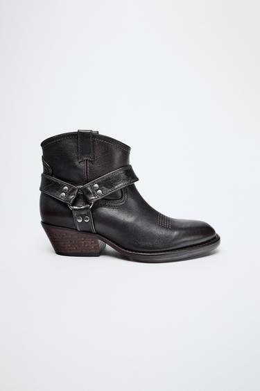 LEATHER COWBOY ANKLE BOOTS WITH RINGS - Brown by Zara