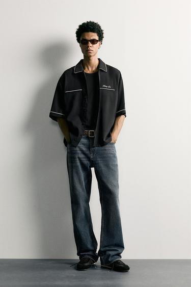 RELAXED FIT CONTRAST EMBROIDERY SHIRT - Black by Zara