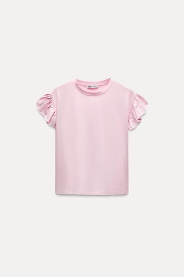 COTTON T-SHIRT WITH RUFFLES - Pink by Zara - Image 0