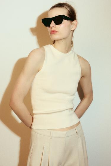Zara SLEEVELESS KNIT TOP - Ecru