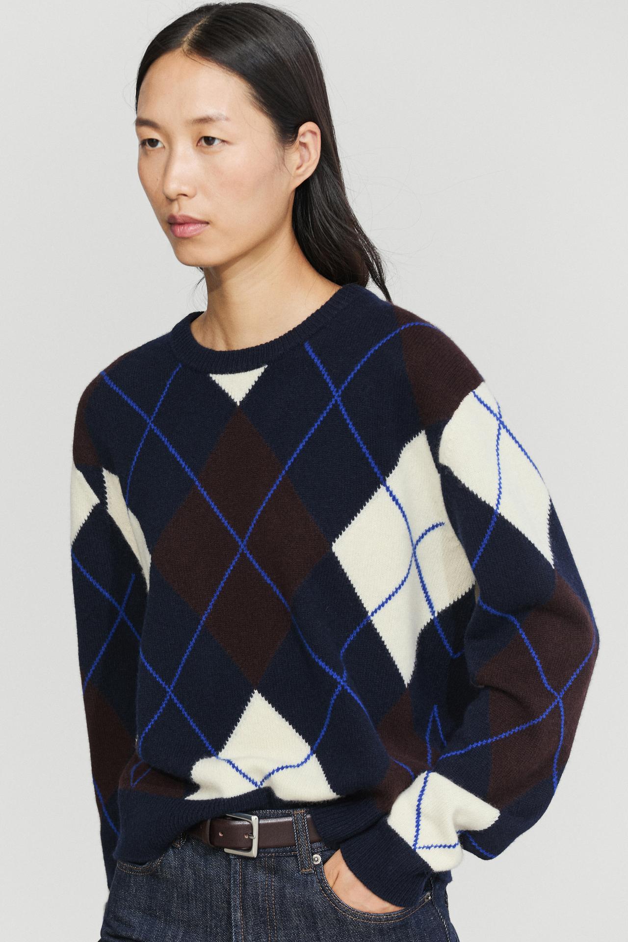 100% wool knit sweater with argyle detail — Navy blue