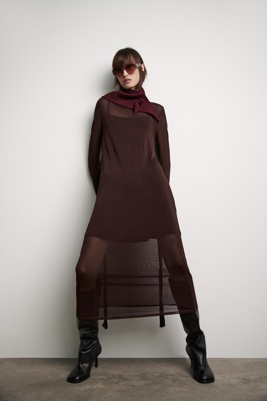 ベルト付きファインニットワンピース - ボルドー | ZARA Japan / 日本 