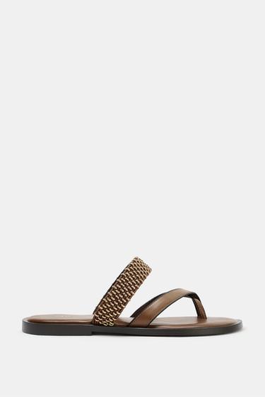 Zara FLAT SANDALS WITH METALLIC DETAILS - Brown - Image 0