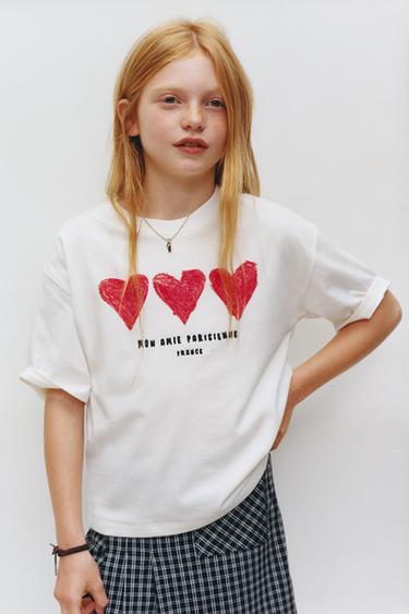 CAMISETA CORAZONES TEXTO BORDADO - Blanco de Zara