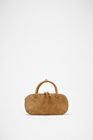 Zara MINI SPLIT LEATHER BOWLING BAG - SAND/BROWN